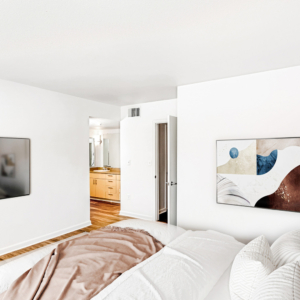 bedroom and bathroom | Botanica Town Center Apartments in Denver, CO